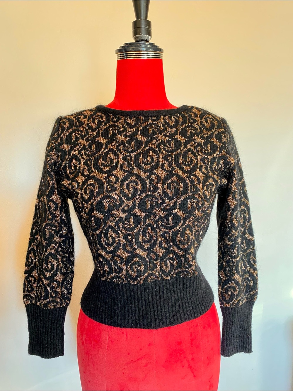 Vintage Black and Gold Metallic Patterned Cashmere Sweater from the 80s
